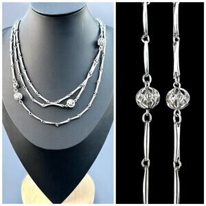 Monet Silver Tone Necklace Station Chain Long Layering Lattice Ball Vintage Orb